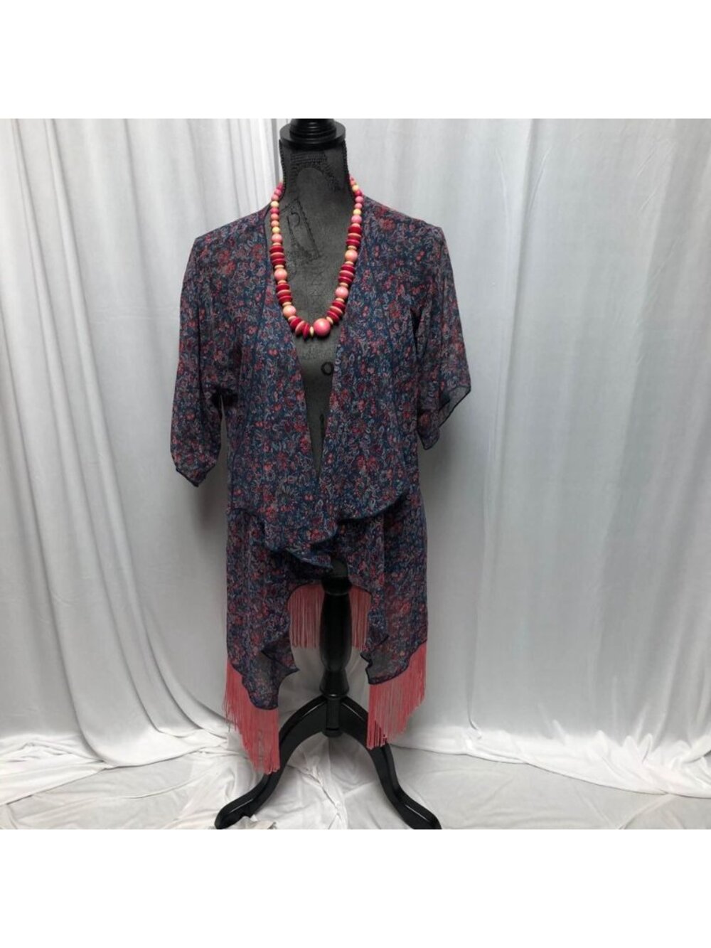LuLaRoe Monroe Cardigan Womens Size Small Teal Floral Fringe Sheer Open Kimono